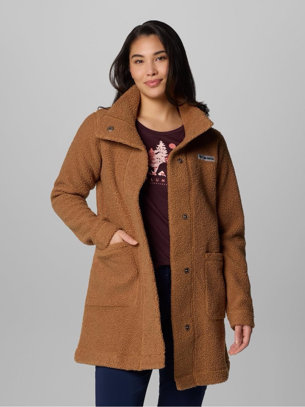 Columbia Panorama Long Jacket Camel Brown Sherpa Teddy Fleece Coat Women XL